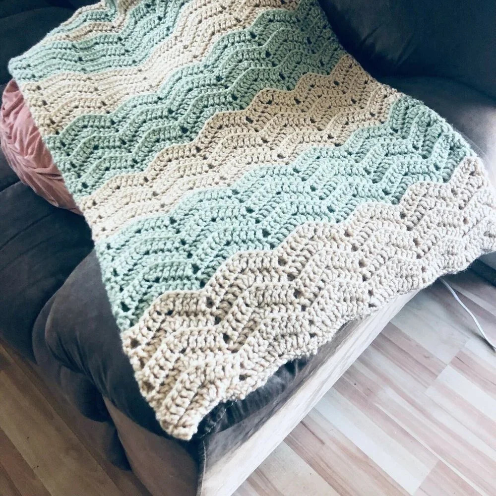 Handmade Green Beige Crochet Throw Pillow Case Cover 20 X 32 Inches      